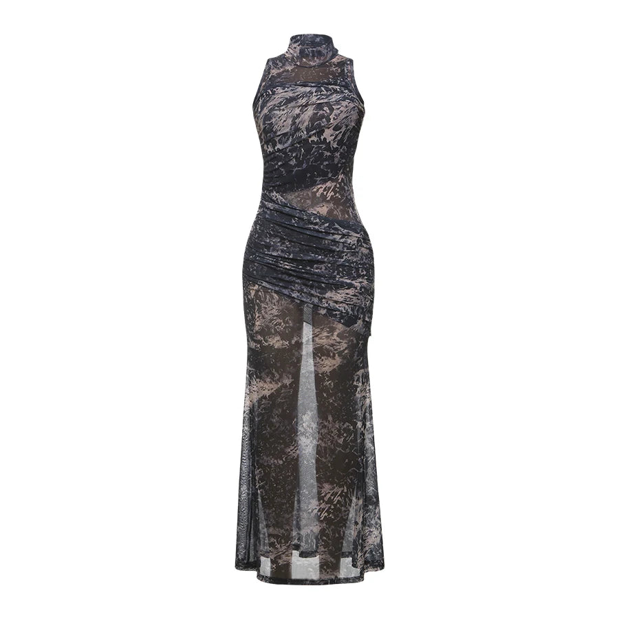 BXOXO Ink Print Dress Women See Through Patchwork Pleated Sleeveless High Neck Sexy Midnight Summer Trend Club Party Vestidos