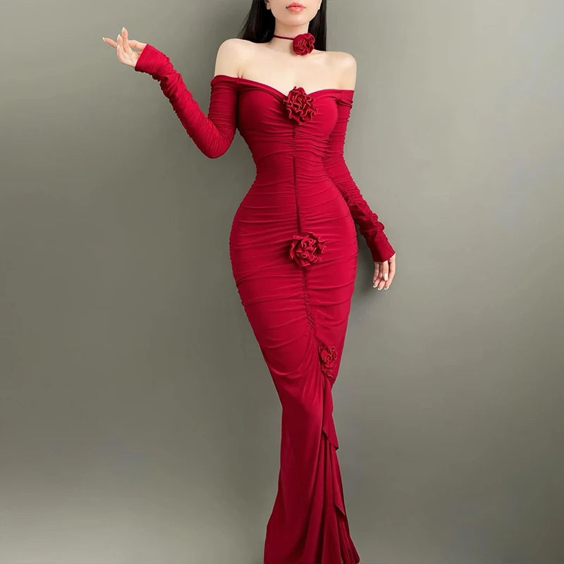 BXOXO Elegant Fashion Off Shoulder Dark Flower Ruffles Long Dress Gothic Slash Neck Long Sleeve Maxi Dresses For Women 2024