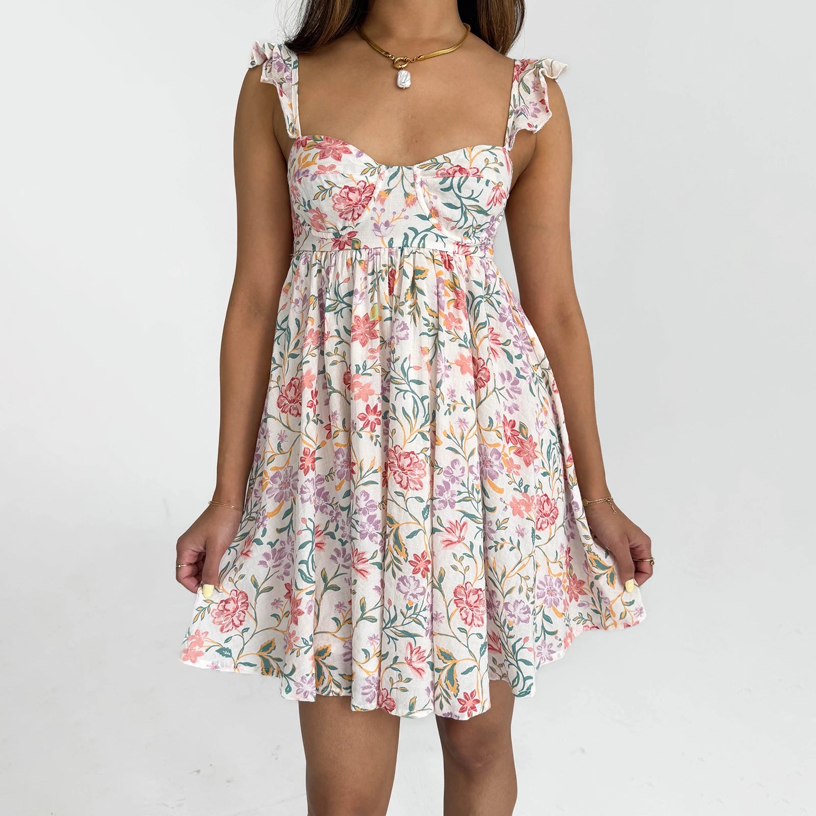 BXOXO Women Fairy Spaghetti Strap Mini Dress Y2K Floral Babydoll Short Dress 2025 Summer Backless Party Dress Streetwear