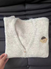 Bxoxo Soft Knit Cardigan for Women Korean Loose V Neck Single Breasted Casual Sweaters Sweet Bear Embroidery Preppy Solid Jumper New
