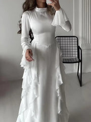 BXOXO Elegant Long Sleeved Ruffled Round Neck Maxi Dress For Women's Spring New 2025 Party Club Evening Dress Slim Vestidos