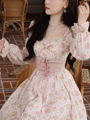 BXOXO Spring Pink Floral Elegant Dress Women Bandage Lace Print Sweet Vintage Dress Puff Sleeve Kawaii Dress Women Princess Fairy