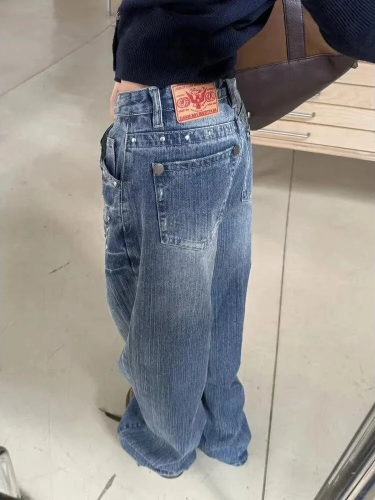 Bxoxo Vintage Rivet Women Jeans Y2k Harajuku Washed Wide Leg High Waist American Style Denim Pants Baggy Streetwear Trousers