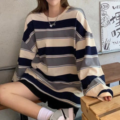 BXOXO Autumn Hoodies Striped Oversized Sweatshirt Women Harajuku Pullovers Korean Fashion Couples Matching Long Sleeve Tops Streetwear