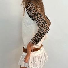 Bxoxo Retro Leopard Print T-shirts Women Casual Autumn Long Sleeve Knitted Cropped Tops y2k Vintage Tees Aesthetic Ladies Basic