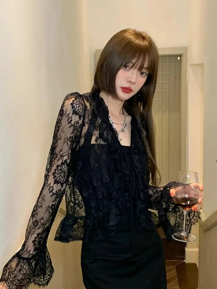 Bxoxo Elegant Lace V-Neck Long Sleeve Shirt Women Fashion Design Sexy Hollow Out See Sun Protection Tops Y2K Summer Chic Thin Blouse
