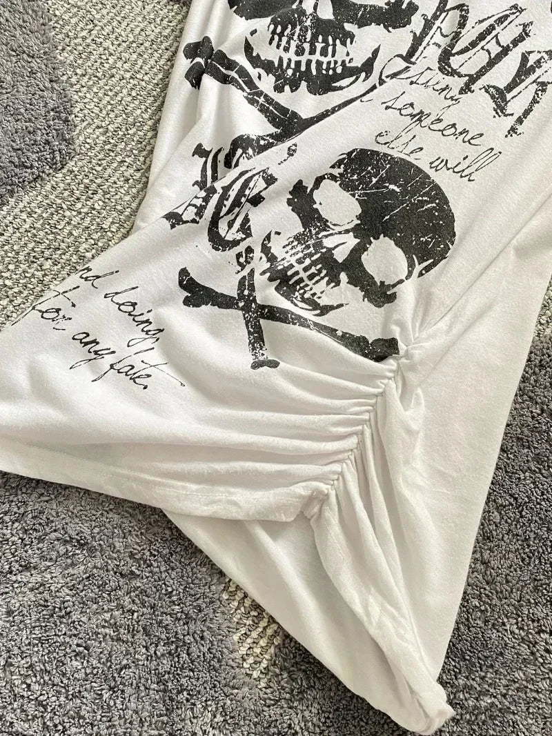 BXOXO Vintage Waist Cinching Slim Fit Punk Rock Short Sleeve Tees American Streetwear 2000S Y2K Black Skull Bone Print T-Shirts