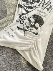 BXOXO Vintage Waist Cinching Slim Fit Punk Rock Short Sleeve Tees American Streetwear 2000S Y2K Black Skull Bone Print T-Shirts