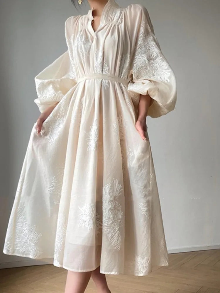 Bxoxo Women France Vintage Embroidery Midi Dress 2025 Spring Autumn Elegant Lantern Sleeve New V Neck Lace Up Vestidos Korean Clothes