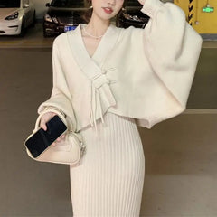 Bxoxo  Winter Elegant 2 Piece Sweater Dresses Set Women Loose Warm Knitted Bodycon Suit Female Casual Korean Fashion Chic Streetwear