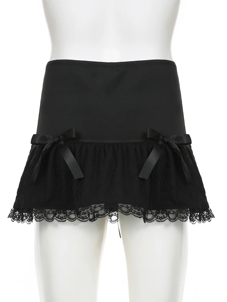BXOXO Cross Lace Up Mini Skirts Black Gothic Low Waist Women Pleated Skirt Y2k Punk Dark Academic Grunge Streetwear Female
