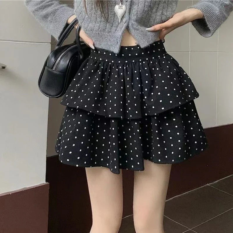 BXOXO Sweet Kawaii Mini Skirt Women Grey Korean Style Elegant Dot Short Skirts Coquette Fashion High Waist Cute Ruffle Skirt