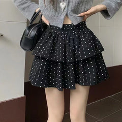 BXOXO Sweet Kawaii Mini Skirt Women Grey Korean Style Elegant Dot Short Skirts Coquette Fashion High Waist Cute Ruffle Skirt