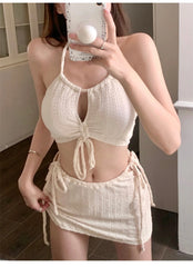 Bxoxo sexy Korean fashion ribbed halter bikinis sets three pieces drawstring tie swimsuit with mini skirt padded swimwear biquini