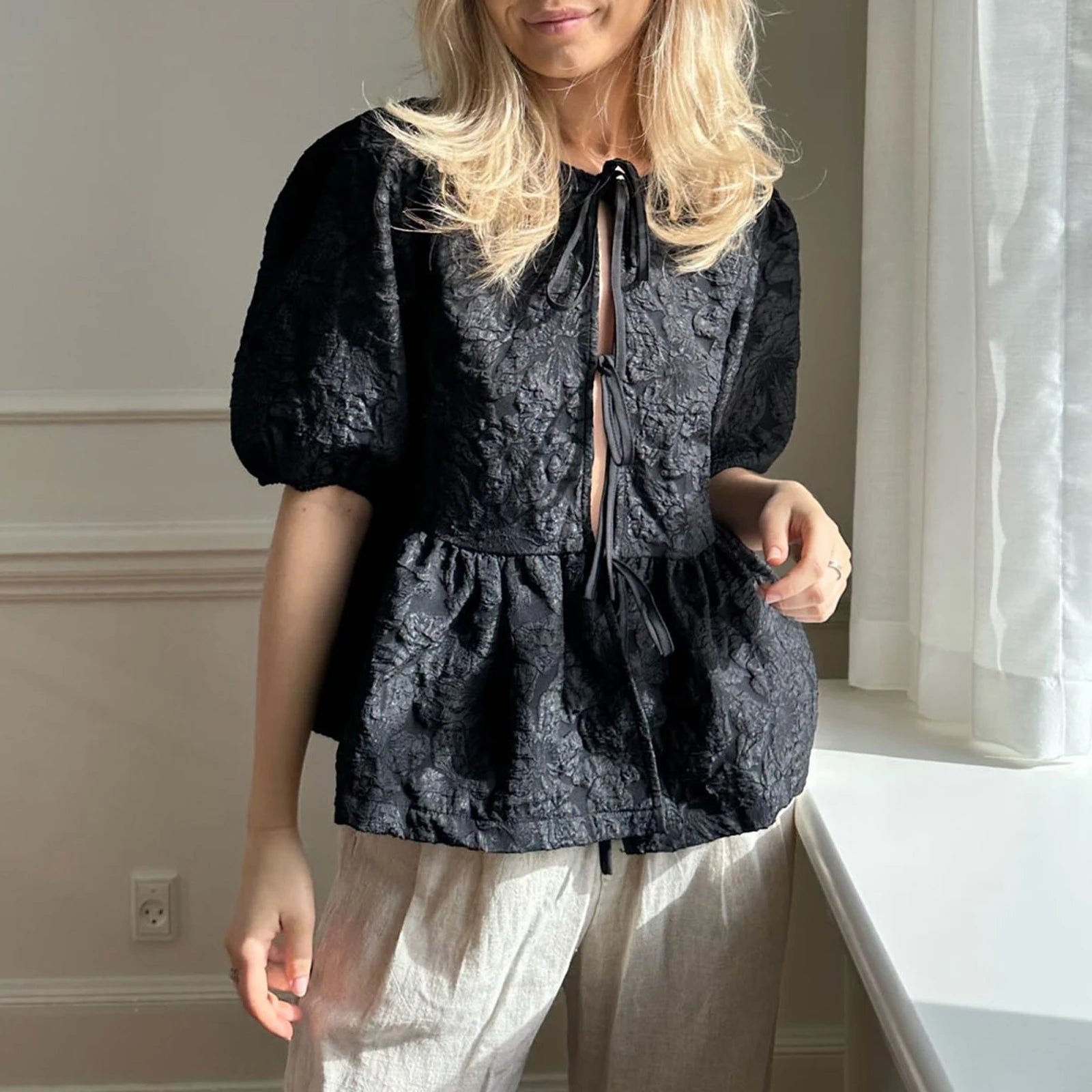 BXOXO Short Sleeve Peplum Blouse Tie Front Lace Up Ruffle Top Puff Sleeve Babydoll Shirt Y2k Loose Spring Summer Tops