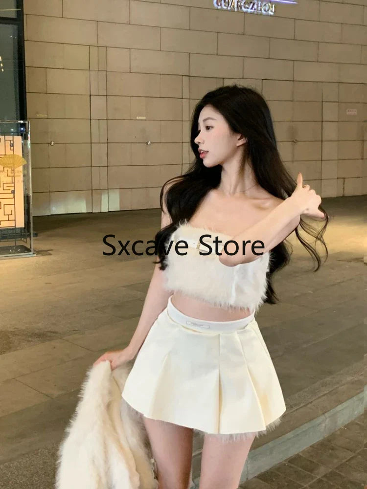 BXOXO Sexy 3 Piece Skirt Set Women Casual Long Sleeve Coat + Bodycon Tube Tops + Sweet Mini Skirt Evening Party Clothing Autumn