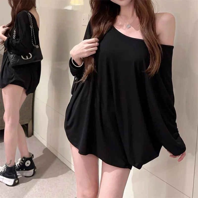 Bxoxo Solid Oversized T-shirt for Women's Casual Loose Top Fashion Bat Sleeves Simple Sexy Off Shoulder Korean Baggy T shirts Autumn