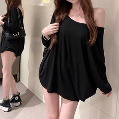 Bxoxo Solid Oversized T-shirt for Women's Casual Loose Top Fashion Bat Sleeves Simple Sexy Off Shoulder Korean Baggy T shirts Autumn