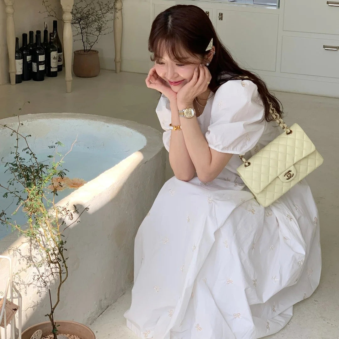 Bxoxo Knot Embroidered Loose Bubble Sve Dr Chic Agel Casual Cotton Long Dr round Ne A-Line Gown