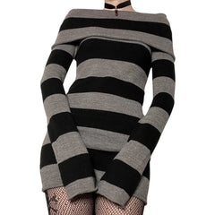 BXOXO Y2K Striped Sweater Mini Dress Mall Goth Grunge Emo Bodycon Chic Women Off Shoulder Full Sleeve Slim Fit Dresses 00s Vintage