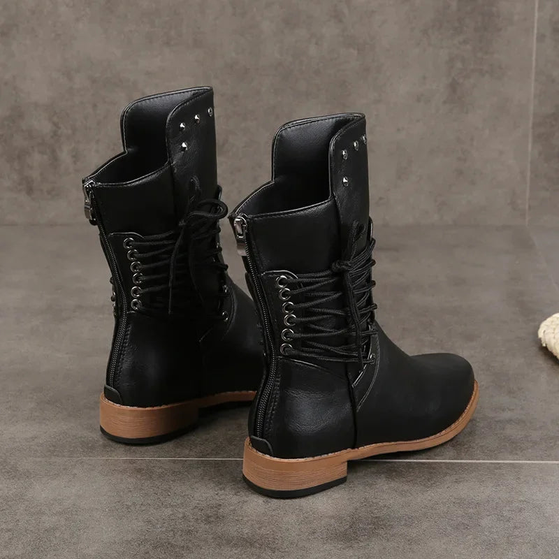 BXOXO Women Mid-Calf Boot Fashion Rivet Knight Boots British Style Autumn Winter Female Shoes Cross Lace Morden Booties Botas Mujer PU
