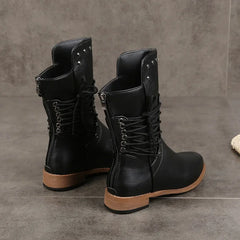 BXOXO Women Mid-Calf Boot Fashion Rivet Knight Boots British Style Autumn Winter Female Shoes Cross Lace Morden Booties Botas Mujer PU