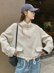 Bxoxo Sweet Women Loose Tweed Jackets Casual Vintage Elegant Long Sleeve Small Fragrance Coats Korean Retro All Match Fall Winter Tops