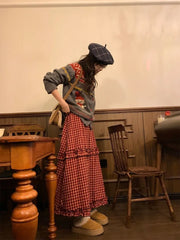 BXOXO Women Skirts Plaid Patchwork Ruffles Vintage Summer Fashion Stretch High Waist Elegant Sweet Long Skirt Female Casual