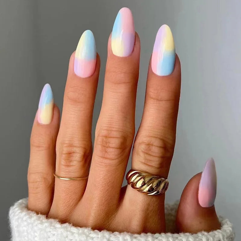Bxoxo 24P French Oval False Nails Girls White Edge Design Nude Color Wearable Press on Nail Full Cover Short Acrylic Almond Fake Nails