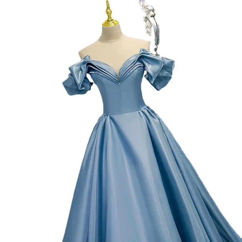 BXOXO New High-End Feel Off-Shoulder Blue Satin French Style Evening Dress For Women's Formal Performance Costume
