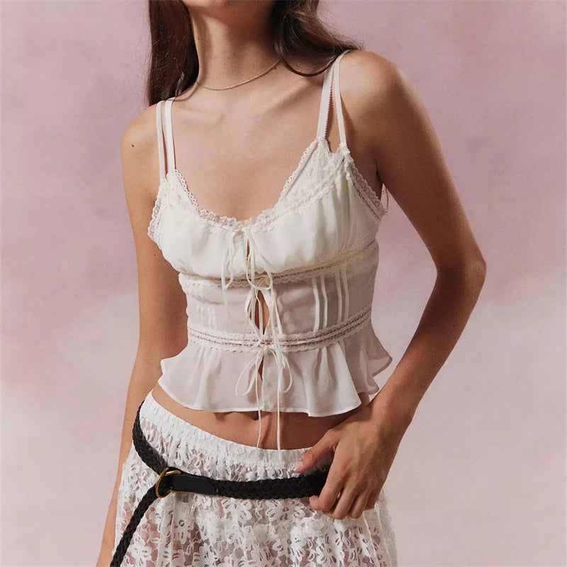 BXOXO Womens Y2k Mesh Lace Trim Cami Tank Crop Tops Sexy V Neck Hollow Out Spaghetti Strap Tees Shirt Going Out Camisole Vest