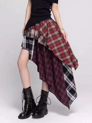 Bxoxo Irregular Y2K Plaid Skirt Women High Waist Vintage Streetwear Gothic Long Skirts American Retro Harajuku Lady Summer Skirts