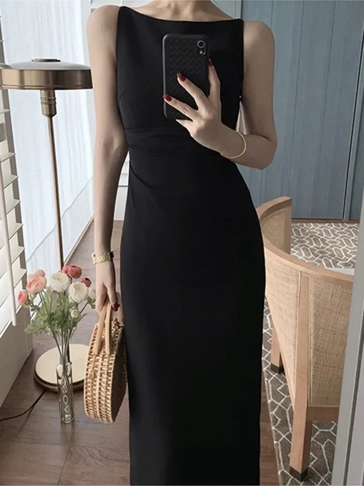 Bxoxo Women's Spaghetti Strap Sleeveless Solid Sexy Dresses Summer New Fashion Office Lady Female Elegant Evening Party Midi Dress