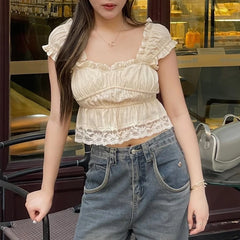 Bxoxo Sexy Square Collar Lace Edge Ruched Causal Solid Crop Tops Y2K Summer Fashion New Sweet Cute Daily 2025 Streetwear Vest