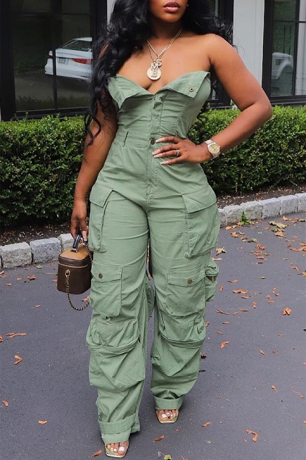 BXOXO Plus Size Fashion Streetwear Denim Jumpsuit Women's Loose Pants Jumpsuit Plus Size Multi-pocket Strapless Jeans