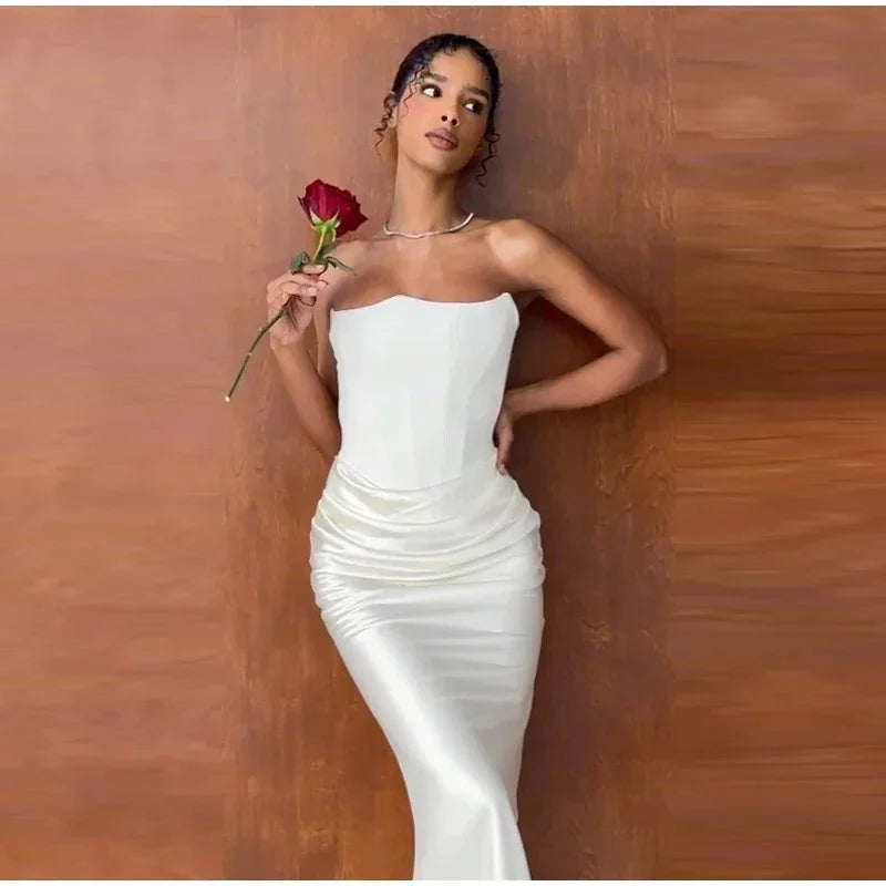 BXOXO Sexy Satin Corset Dress Women Fashion Strapless Backless Waist Ruched Wrap Slim Dresses Autumn Lady Evening Party Club Vestidos