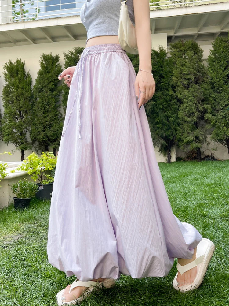 Bxoxo High Waist Fluffy Flower Bud Skirt Summer New Loose Versatile A-line Lantern Skirt Solid Color Elastic High Waist Long Skirt