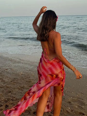 BXOXO Summer Sexy Women Sleeveless V Neck Sling Maxi Dress Fashion Backless Lace-up Printed Vestidos 2025 New Lady Beach Party Dresses