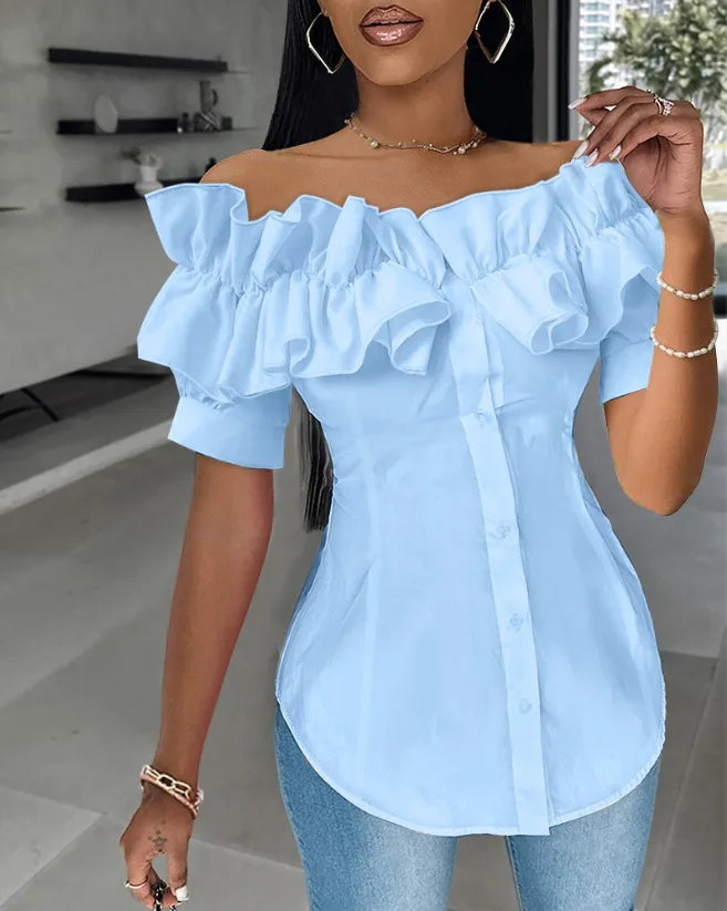 BXOXO Sexy One-piece Collar Slim White Shirt And Blouses Women's Summer Short Sleeve Fashion Ruffle Button Cardigan Female Shirts Top