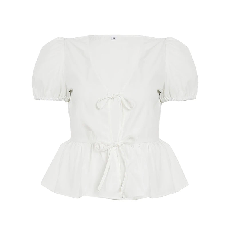 Bxoxo Kawaii White Puff Sleeve Cropped Top Sexy Lace-up Slit Loose Blouse for Women Summer Casual Solid T-shirts y2k Aesthetic