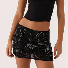 BXOXO Women Y2K Sequin Mini Skirt Low Waist Sparkle Beaded Short Skirt Glitter Shiny Bodycon Skirt Night Out Party