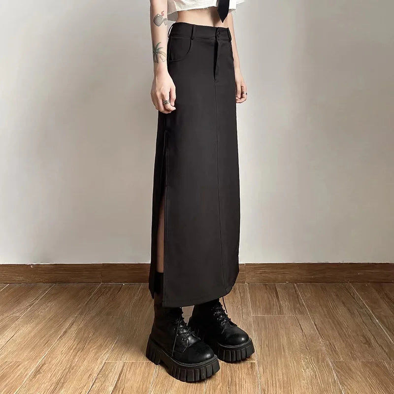 Bxoxo Goth Dark Elegant Mall Gothic Trumpet Women Midi Skirts Grunge High Waist Split Sexy Club Long Skirt Slim Party Streetwear