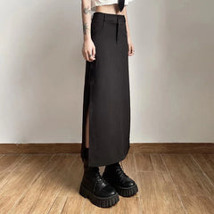Bxoxo Goth Dark Elegant Mall Gothic Trumpet Women Midi Skirts Grunge High Waist Split Sexy Club Long Skirt Slim Party Streetwear