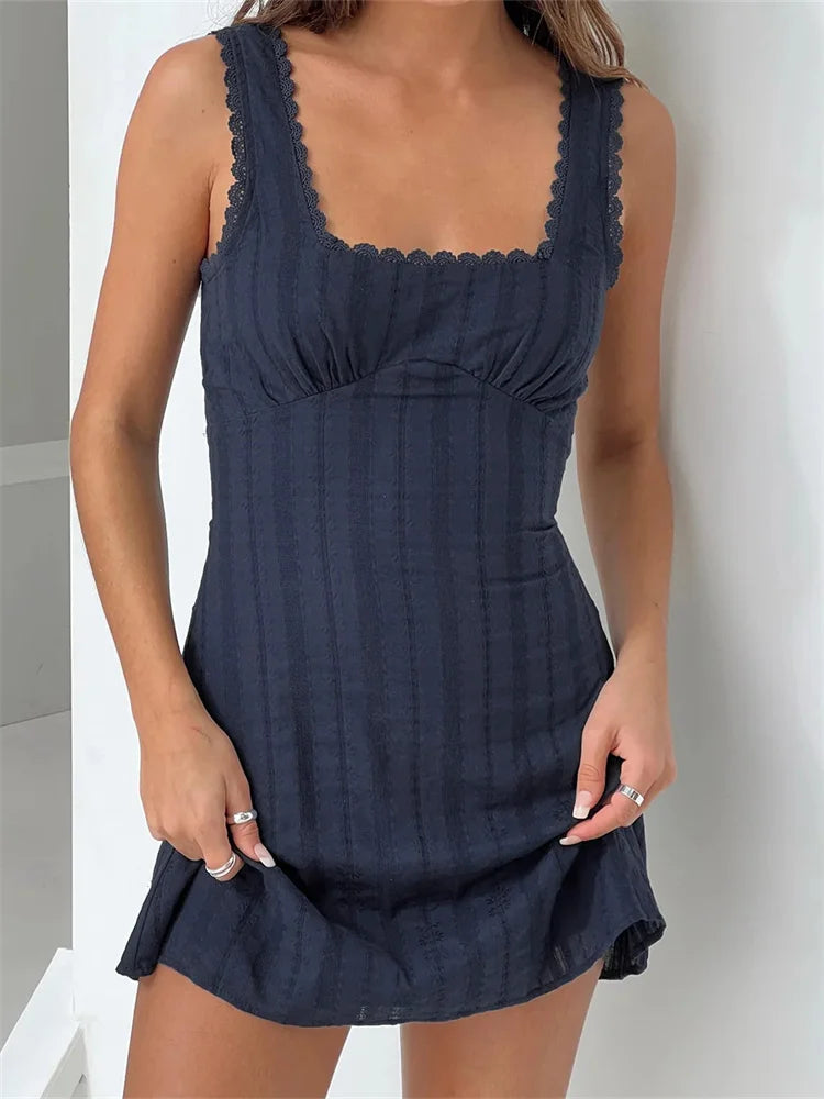 Bxoxo Women Summer Lace Short Mini Tank Dress Sleeveless Square Neck Lace Trim Solid Color A-line Dress Female Vestido 2024