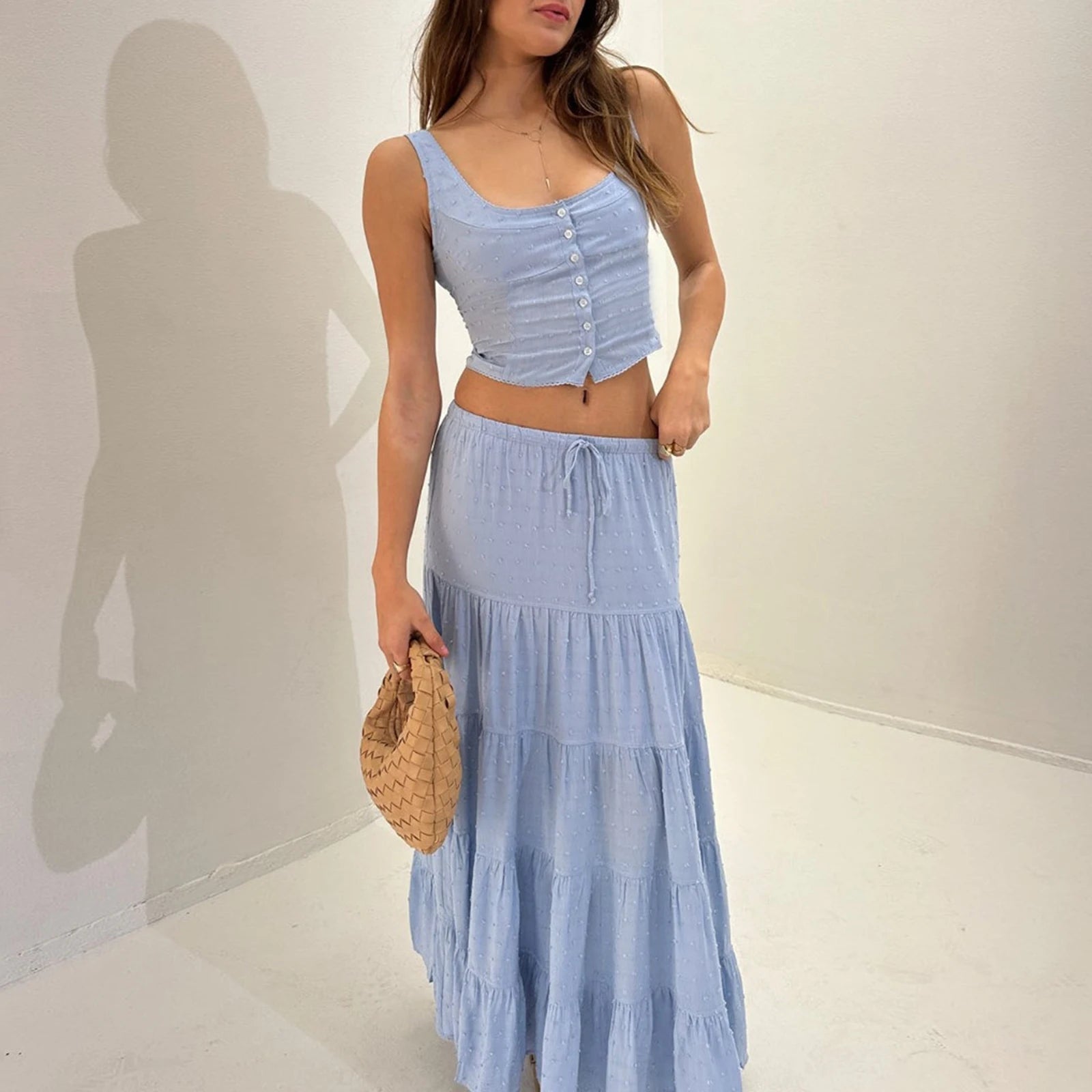 BXOXO Womens 2 Piece Maxi Skirt Set Lace Up Sleeveless Tank Top and Flowy Long Skirt VintageY2K Summer Party Beach Outfits