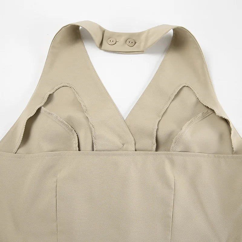 Bxoxo Spring Summer Women Office Shorts Suit Set Solid Khaki Sleeveless Halter Outfit 2 Piece Matching Sets For Women