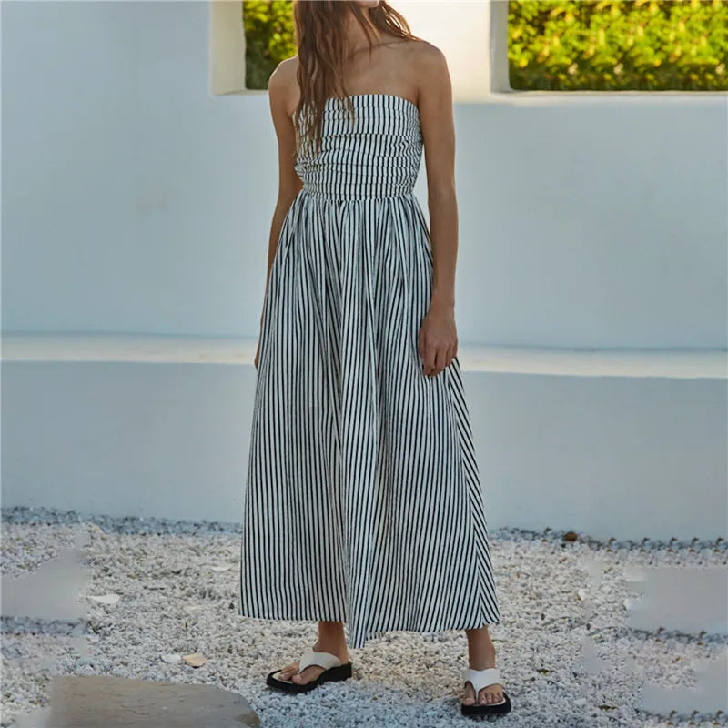 BXOXO Women Striped Strapless Maxi Dress Flowy Smocked Backless Tube Long Dress Swing Casual Summer Sundress with Pockets