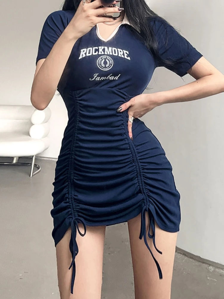 BXOXO Sexy Streetwear Mini Dress Women Bodycon Preppy Style Polo Collar Bandage Letter Print Y2k Dresses Summer High Street