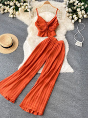 BXOXO Summer Women Pleated Two Piece Set Sexy Female Criss Cross Twist Strap Tops + High Waist Draped Pants Beach Suits Vacation New