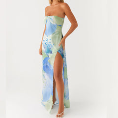 BXOXO Women Floral Strapless Maxi Dress Y2K Bodycon Tube Long Dresses Party Formal Cocktail Beach Slit Dress Summer Sundress